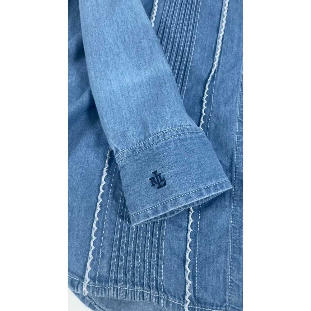 Lauren Ralph Lauren Denim Button Down Womens 4 Blue Pintuck Lace Trim Western